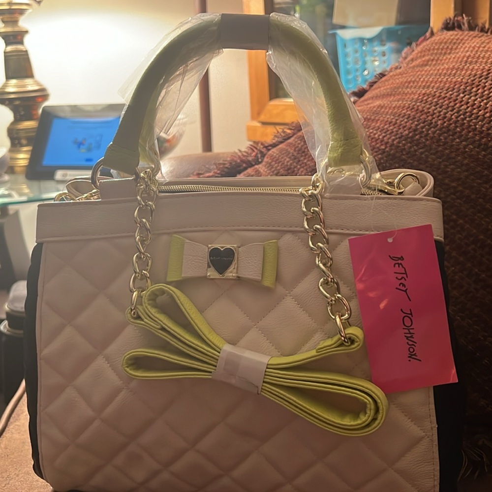 Betsy Johnson Satchel Quilted Cream and black hand bag.
